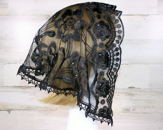 Black Floral Small D-Shaped Chapel Veil/Mantilla