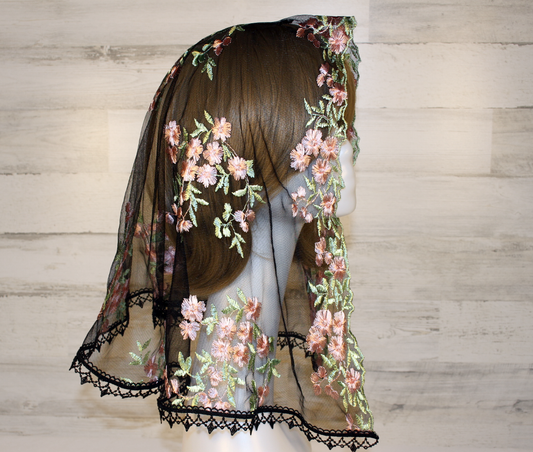 Black Mesh Lace Veil with Embroidered Pink Roses (Large D-Shaped)