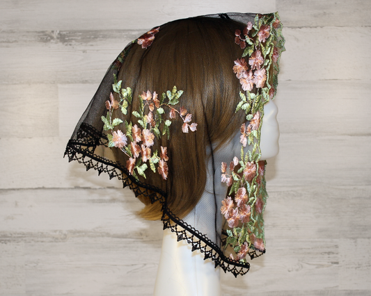Black Mesh Lace Veil with Embroidered Pink Roses (Small D-Shaped)