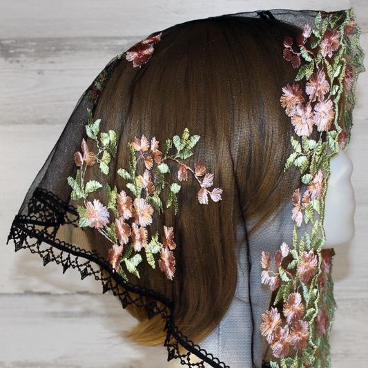 Black Mesh Lace Chapel Veil/Mantilla with Embroidered Pink Roses (Small D-Shaped)