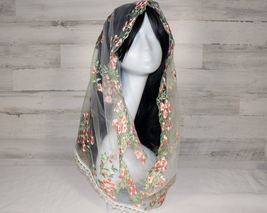 White Mesh Lace Chapel Veil/Mantilla with Embroidered Pink Roses (Infinity)
