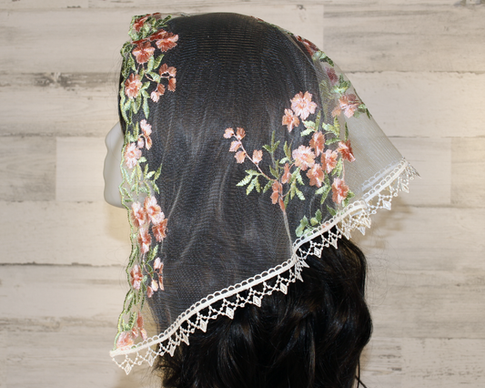 White Chapel Veil/Mantilla with Embroidered Pink Roses (Small D-Shaped)