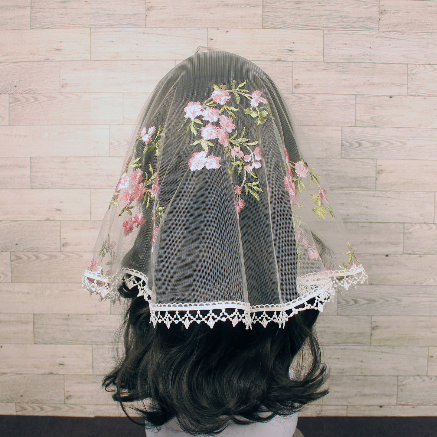 White Veil with Embroidered Pink Roses (D-Shaped)