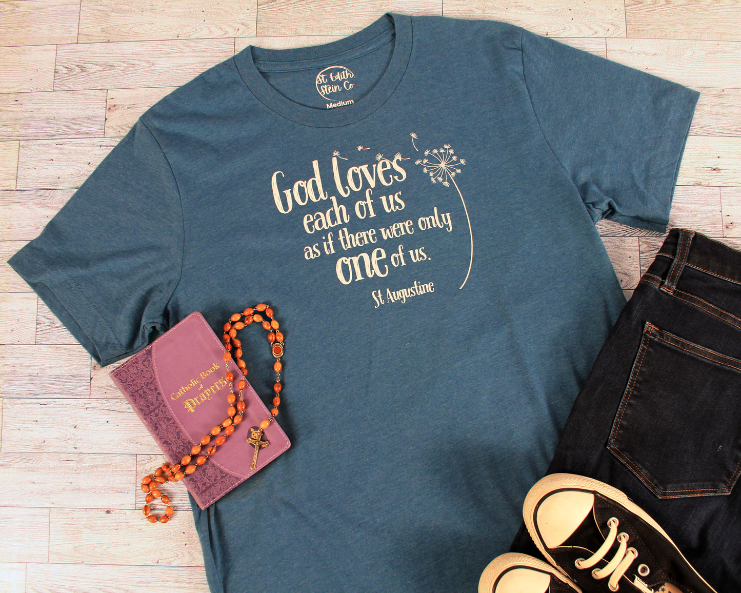 St Augustine - God Loves Each of Us T-Shirt (Deep Teal)