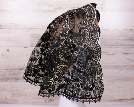 Black and Gold Large D-Shaped Chapel Veil/Mantilla