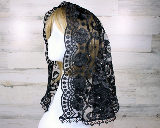Black Floral Large D-Shaped Chapel Veil/Mantilla