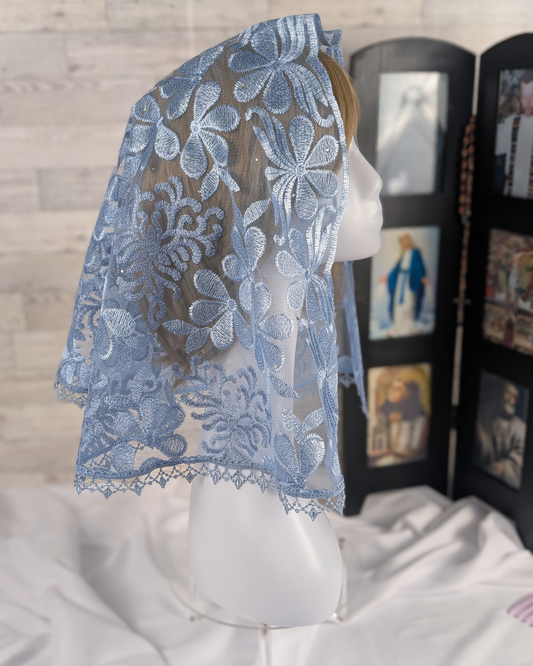 Light Blue Floral Lace Embroidered Large D-Shaped Chapel Veil/Mantilla