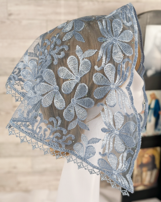 Light Blue Floral Lace Embroidered Small D-Shaped Chapel Veil/Mantilla