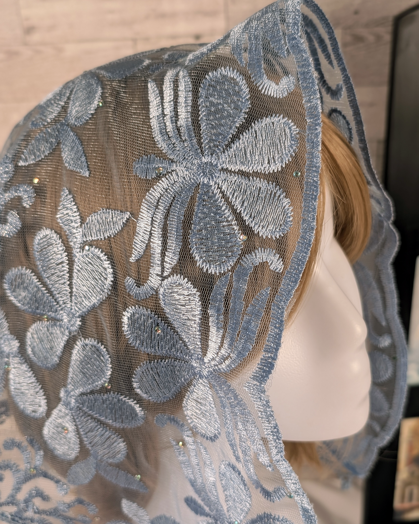 Light Blue Floral Lace Embroidered Small D-Shaped Chapel Veil/Mantilla