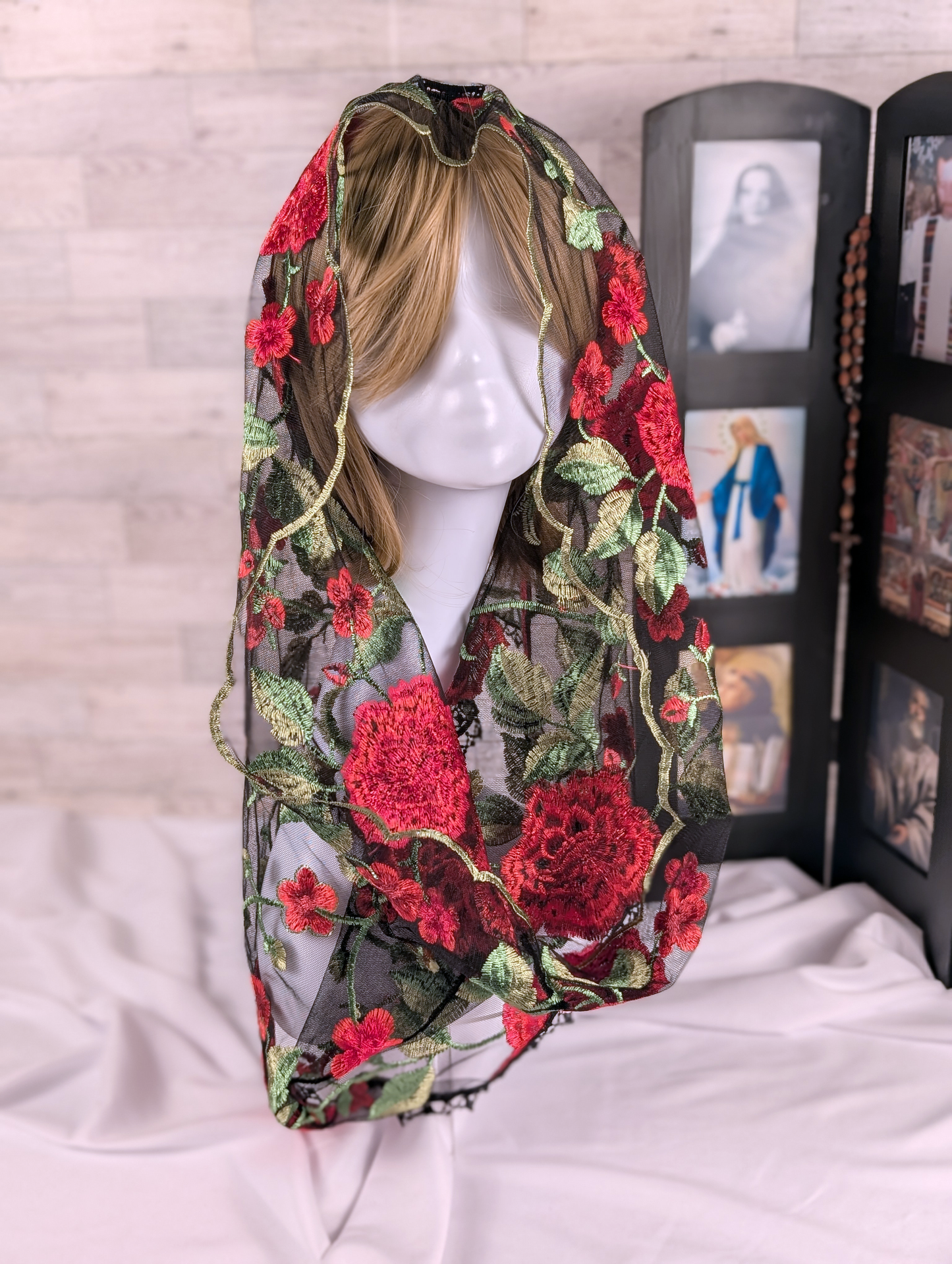 Black Mesh Lace Infinity Veil with Embroidered Red Roses