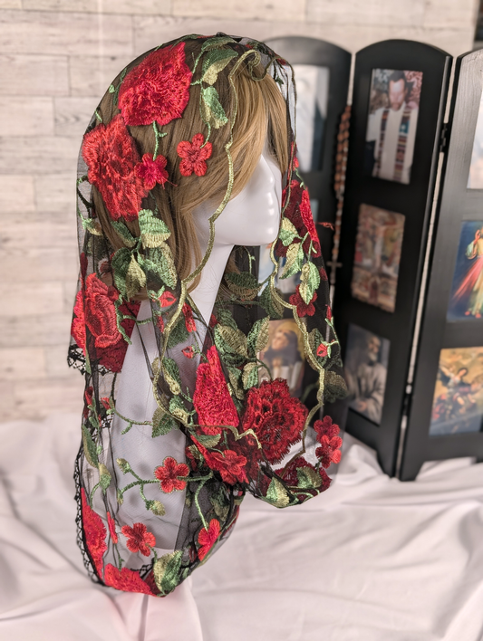 Black Mesh Lace Infinity Veil with Embroidered Red Roses