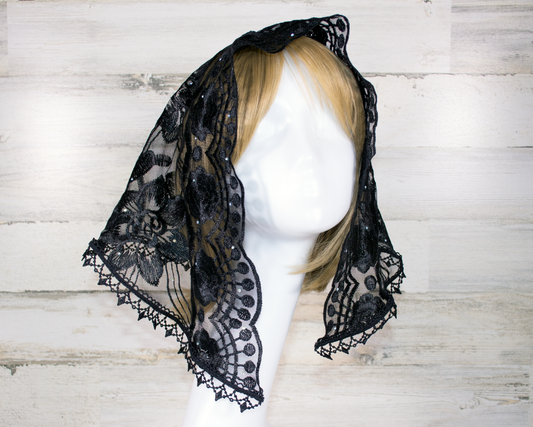 Black Floral Small D-Shaped Chapel Veil/Mantilla