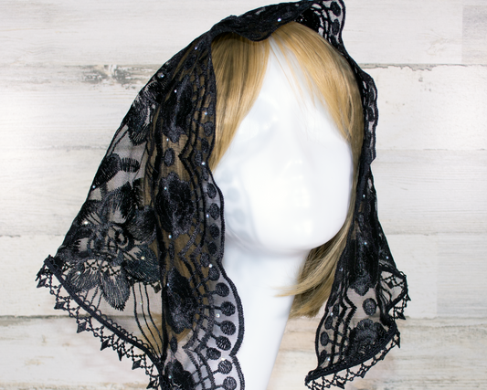 Black Floral Small D-Shaped Chapel Veil/Mantilla
