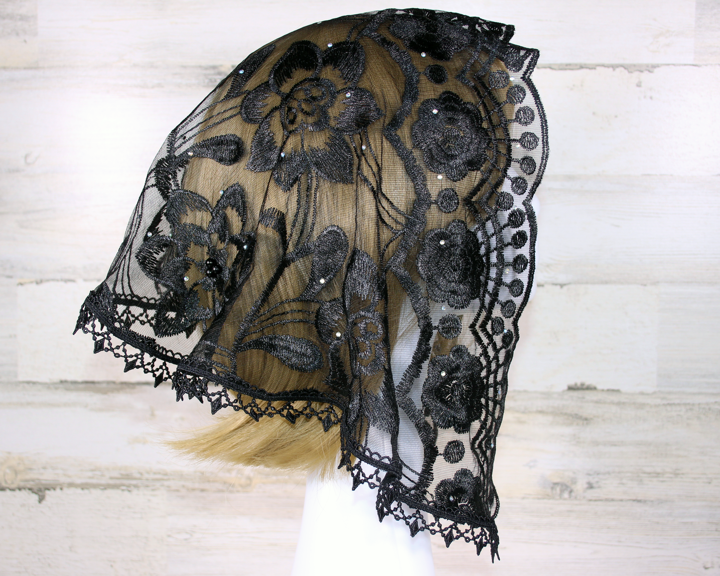 Black Floral Small D-Shaped Chapel Veil/Mantilla