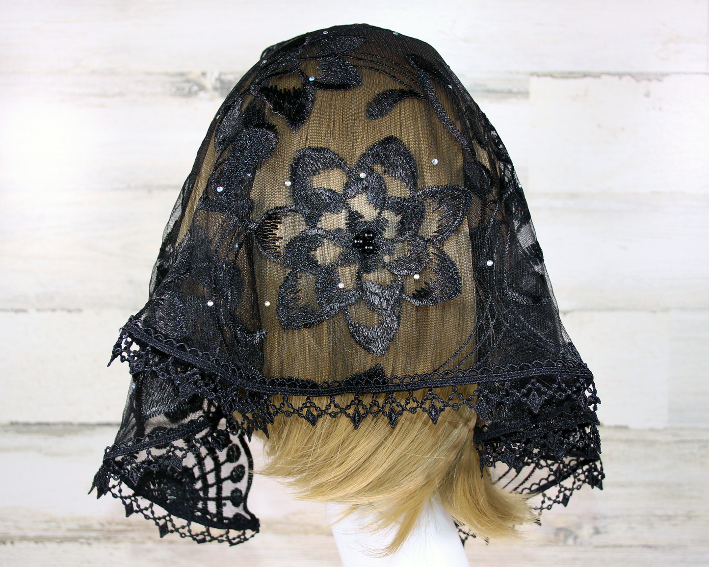 Black Floral Small D-Shaped Chapel Veil/Mantilla
