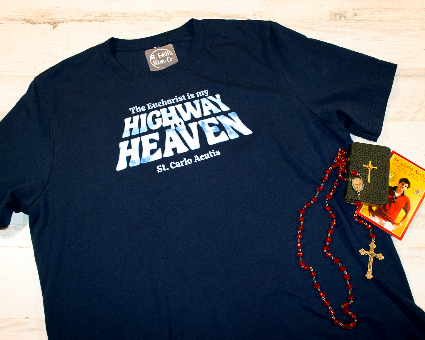St Carlos Acutis Highway to Heaven T-Shirt (Navy Blue)