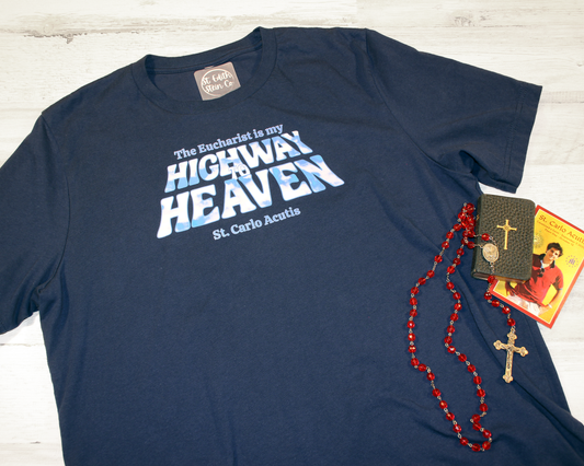 St Carlos Acutis Highway to Heaven T-Shirt (Navy Blue)