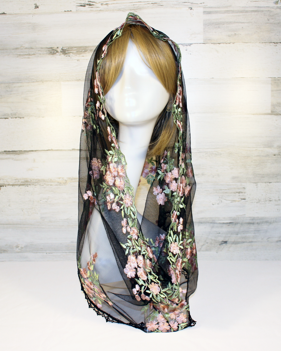 Black Mesh Lace Chapel Veil/Mantilla with Embroidered Pink Roses (Infinity)