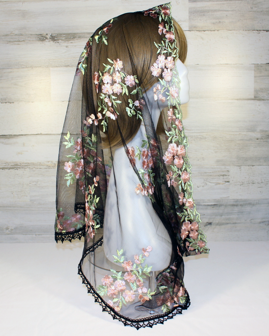 Black Mesh Lace Chapel Veil/Mantilla with Embroidered Pink Roses (Infinity)