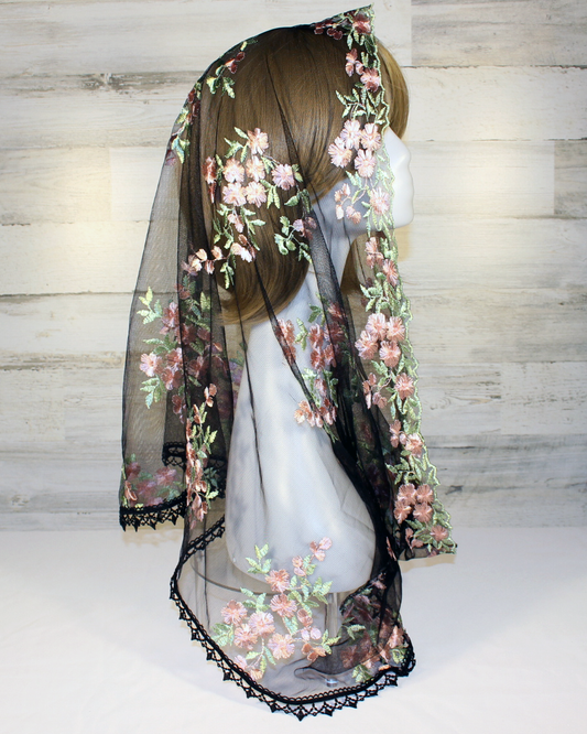 Black Mesh Lace Veil with Embroidered Pink Roses (Infinity)