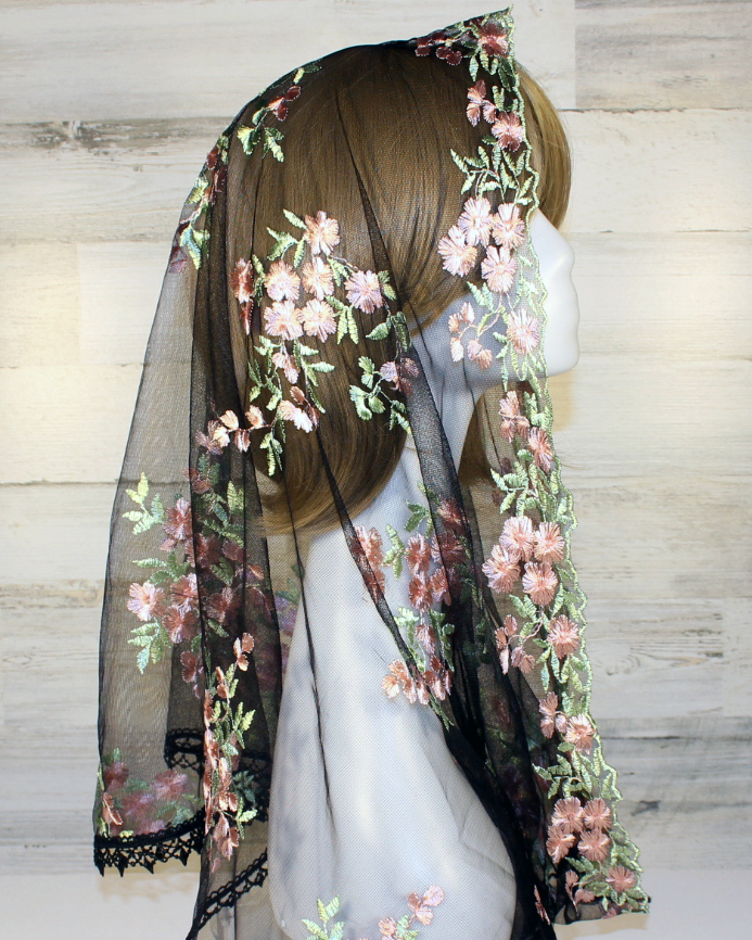 Black Mesh Lace Chapel Veil/Mantilla with Embroidered Pink Roses (Infinity)