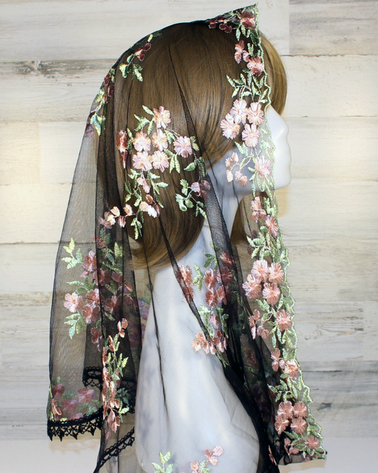 Black Mesh Lace Chapel Veil/Mantilla with Embroidered Pink Roses (Infinity)