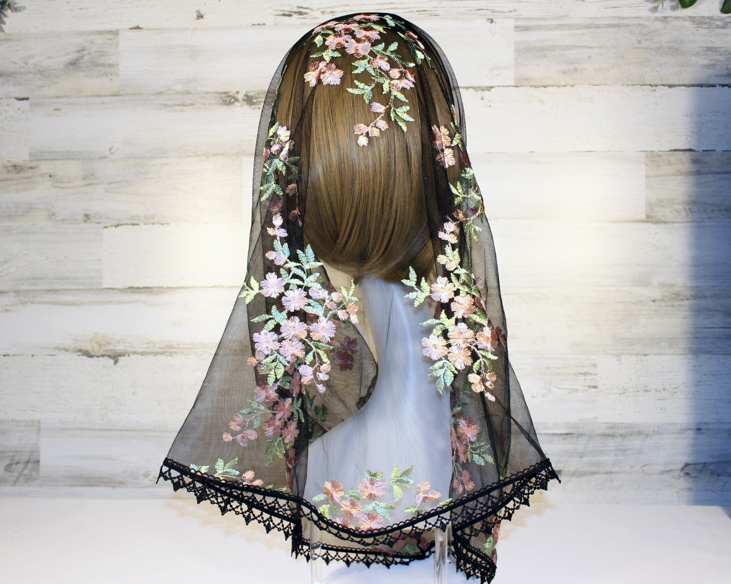 Black Mesh Lace Chapel Veil/Mantilla with Embroidered Pink Roses (Infinity)