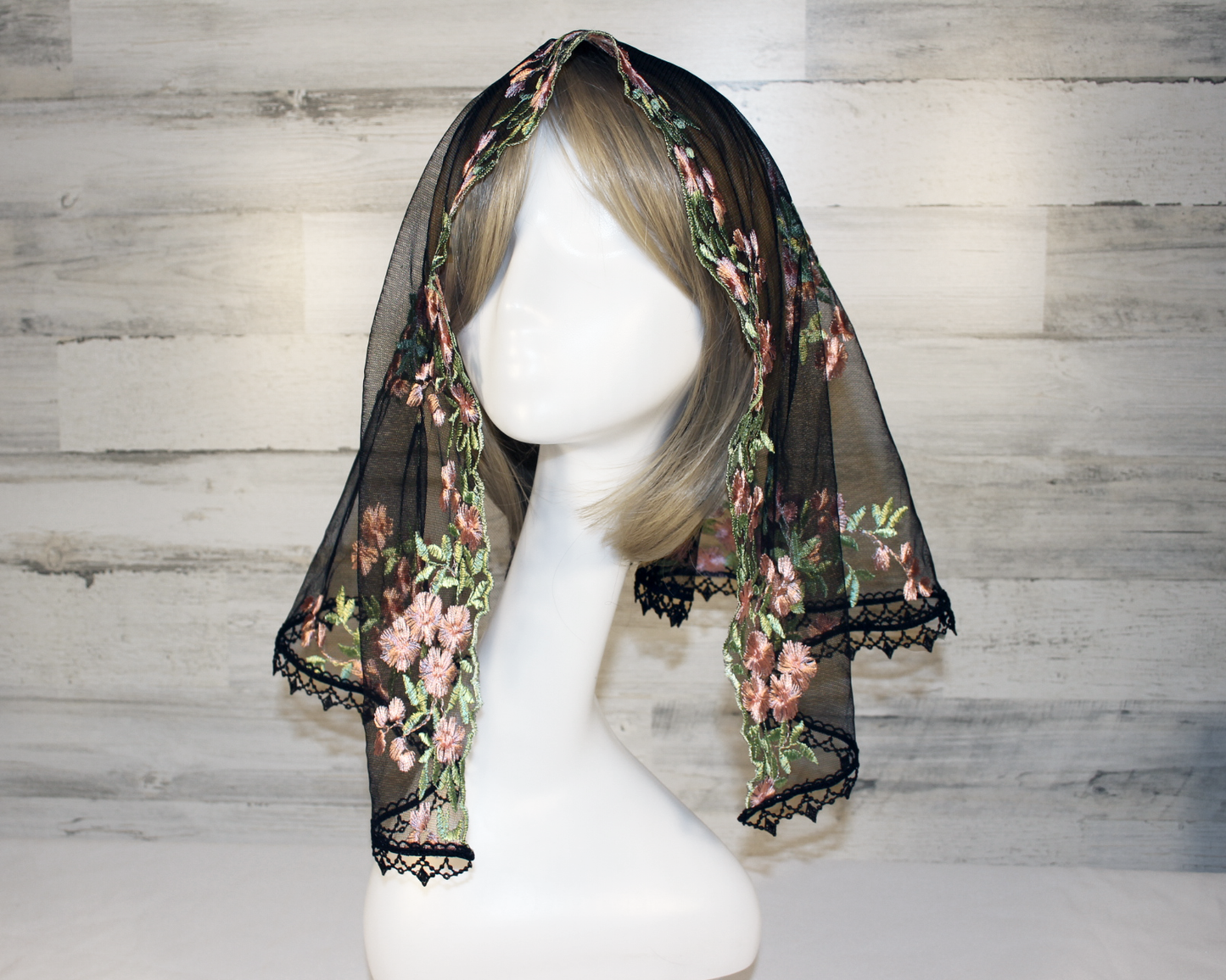 Black Mesh Lace Chapel Veil/Mantilla with Embroidered Pink Roses (Large D-Shaped)
