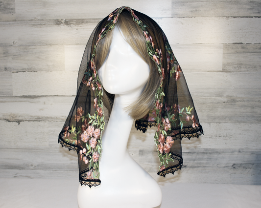 Black Mesh Lace Veil with Embroidered Pink Roses (Large D-Shaped)