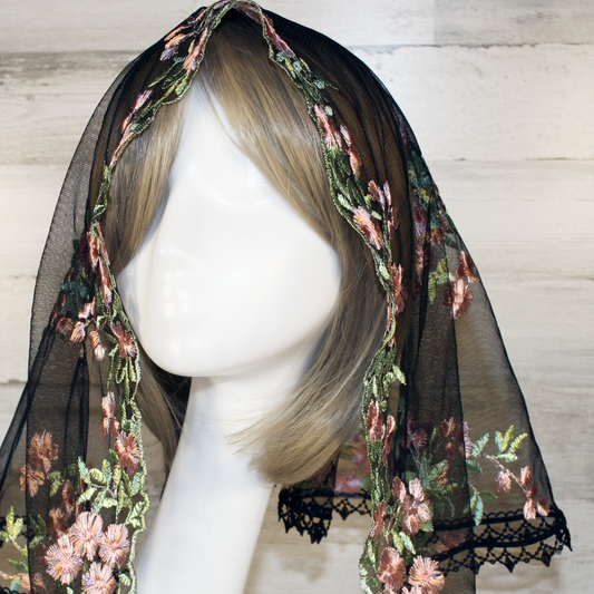 Black Mesh Lace Chapel Veil/Mantilla with Embroidered Pink Roses (Large D-Shaped)