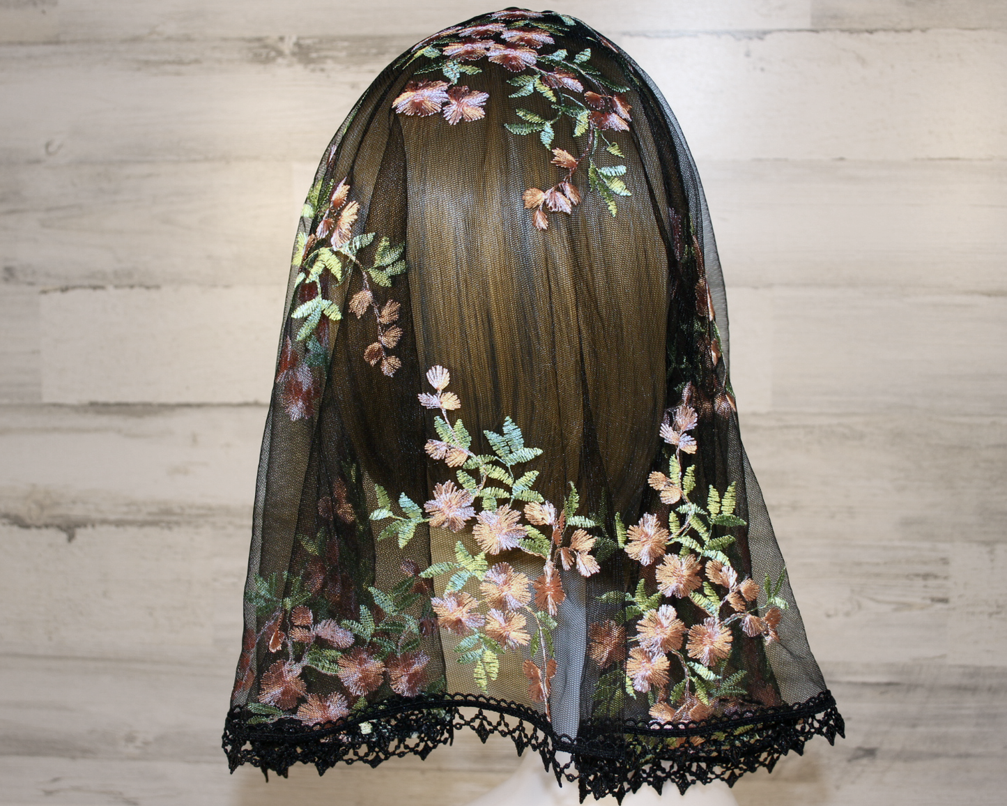Black Mesh Lace Chapel Veil/Mantilla with Embroidered Pink Roses (Large D-Shaped)