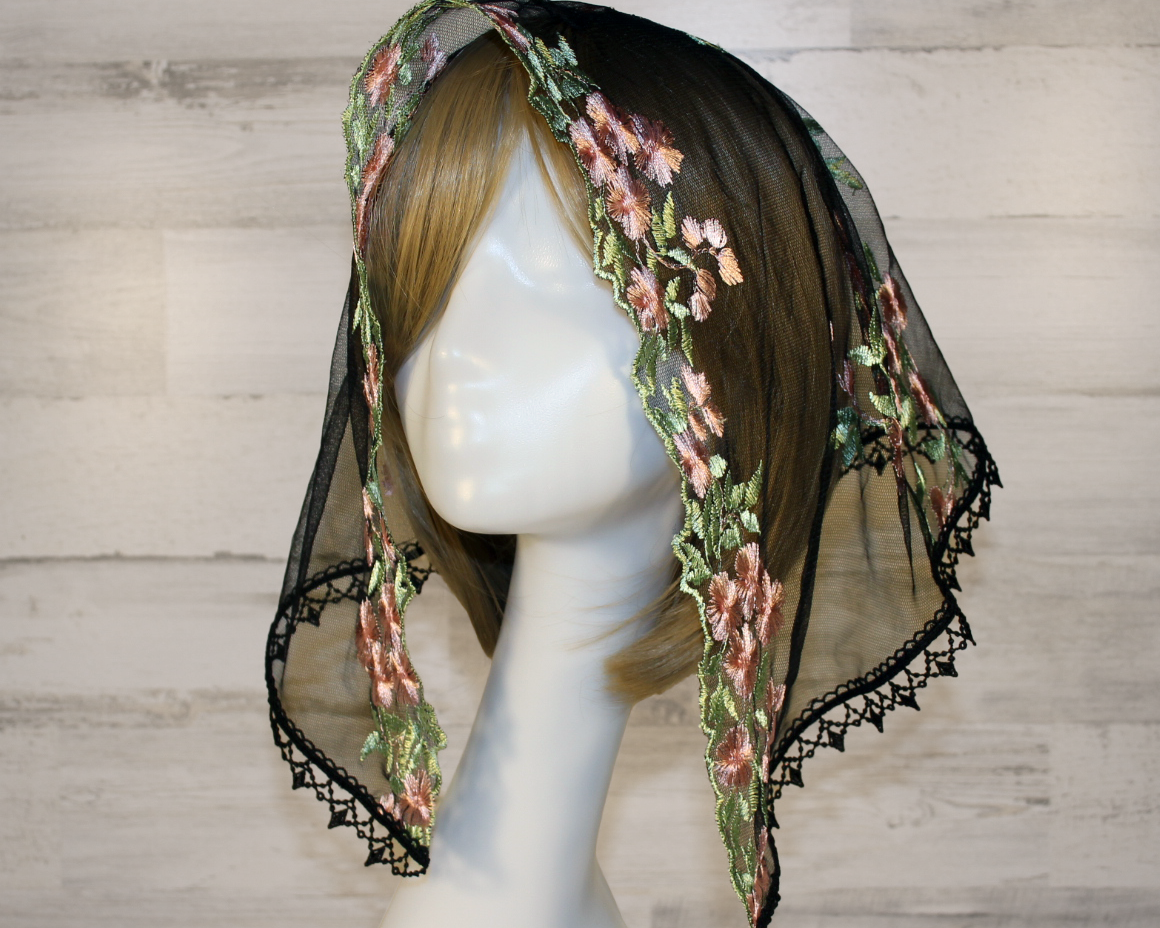 Black Mesh Lace Chapel Veil/Mantilla with Embroidered Pink Roses (Small D-Shaped)