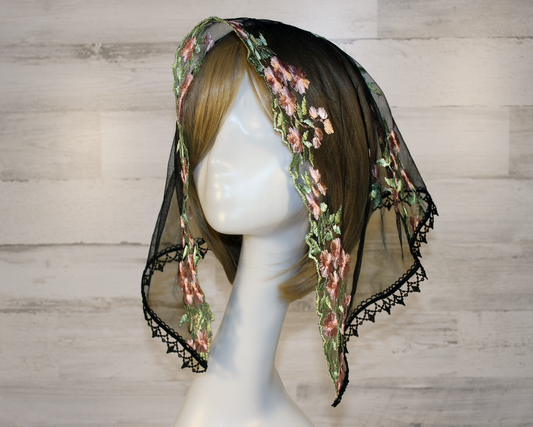 Black Mesh Lace Veil with Embroidered Pink Roses (Small D-Shaped)