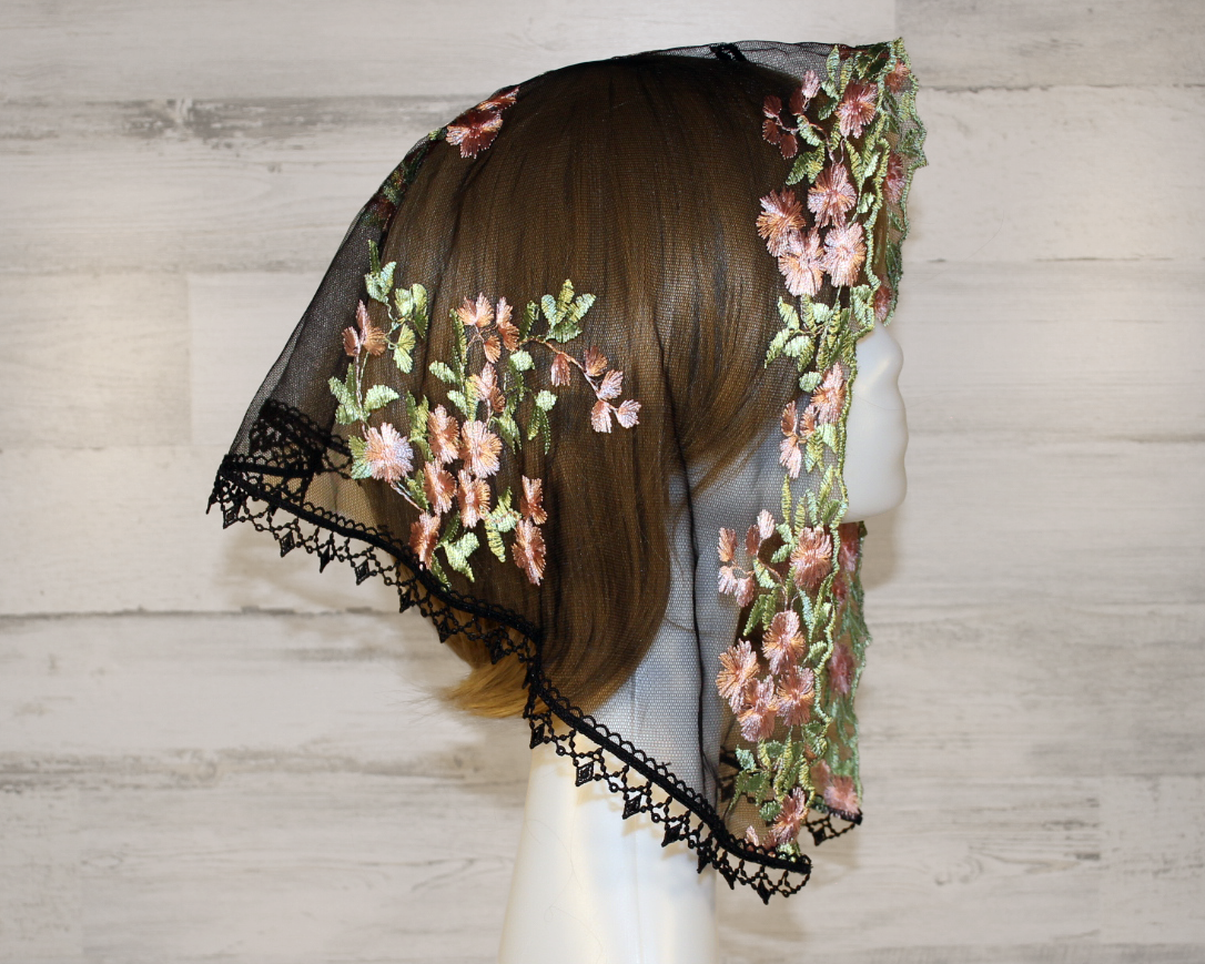 Black Mesh Lace Chapel Veil/Mantilla with Embroidered Pink Roses (Small D-Shaped)