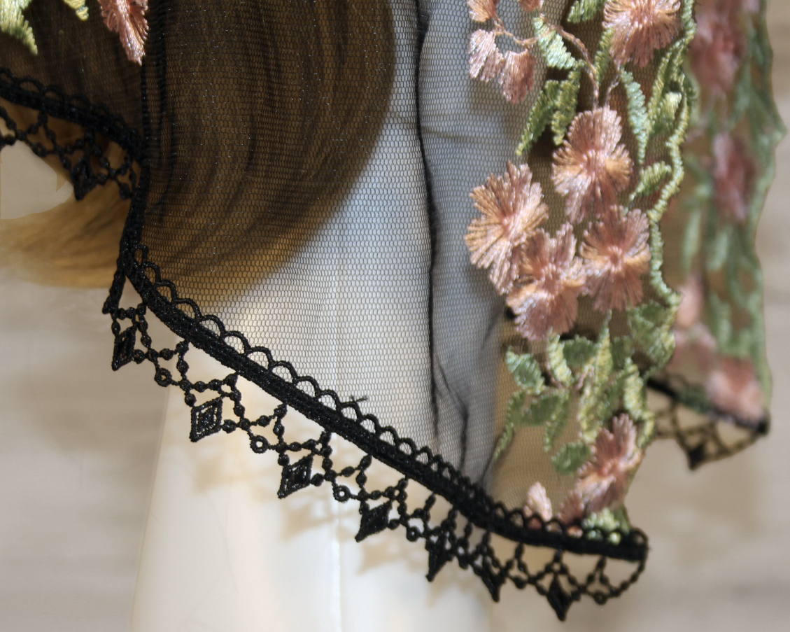 Black Mesh Lace Chapel Veil/Mantilla with Embroidered Pink Roses (Small D-Shaped)