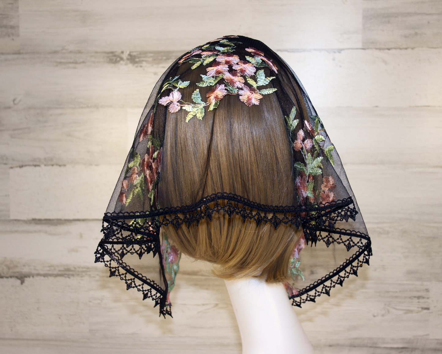 Black Mesh Lace Chapel Veil/Mantilla with Embroidered Pink Roses (Small D-Shaped)