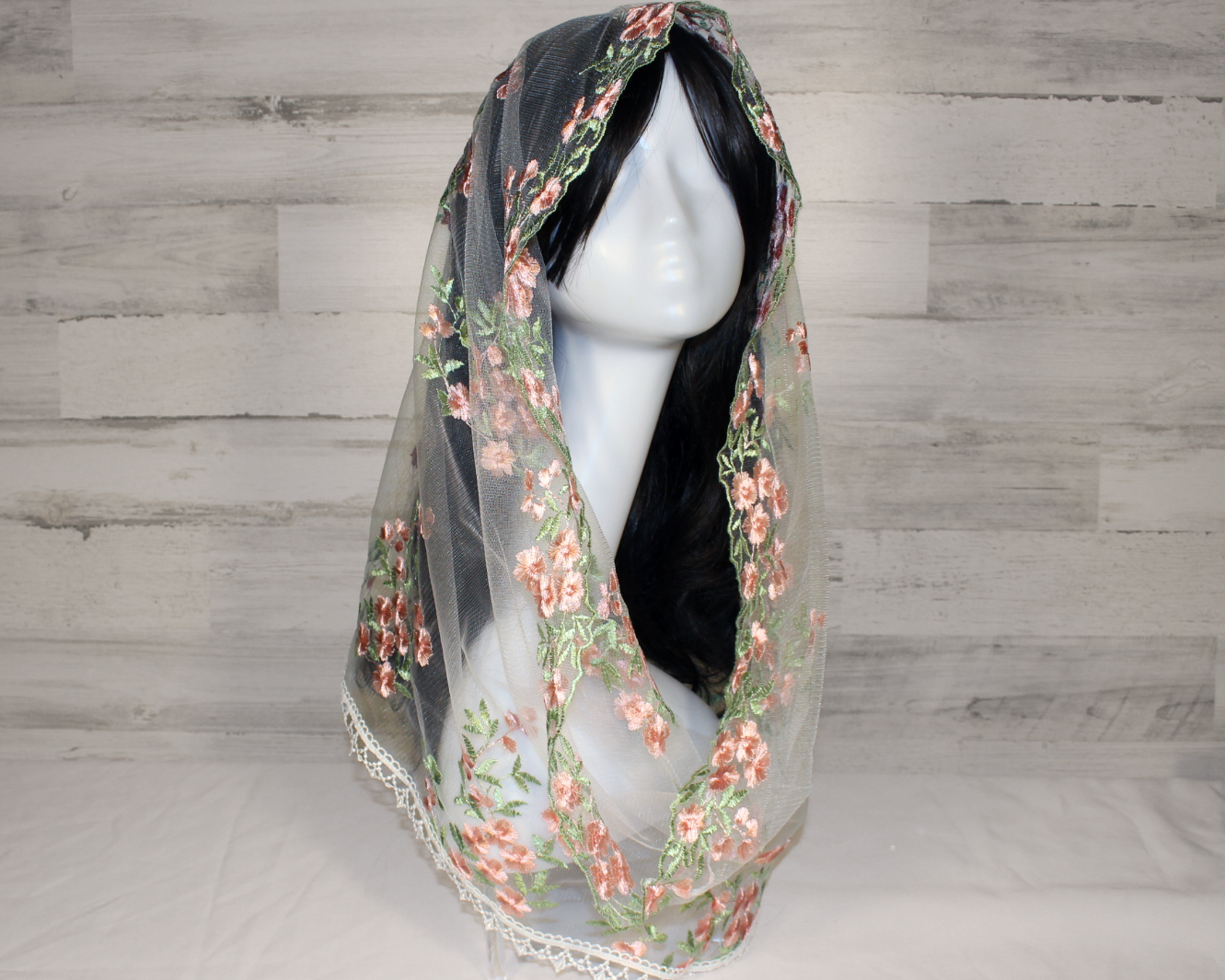 White Mesh Lace Chapel Veil/Mantilla with Embroidered Pink Roses (Infinity)