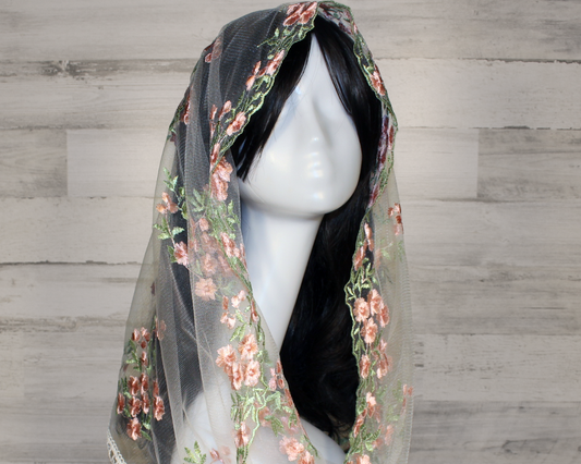 White Mesh Lace Chapel Veil/Mantilla with Embroidered Pink Roses (Infinity)