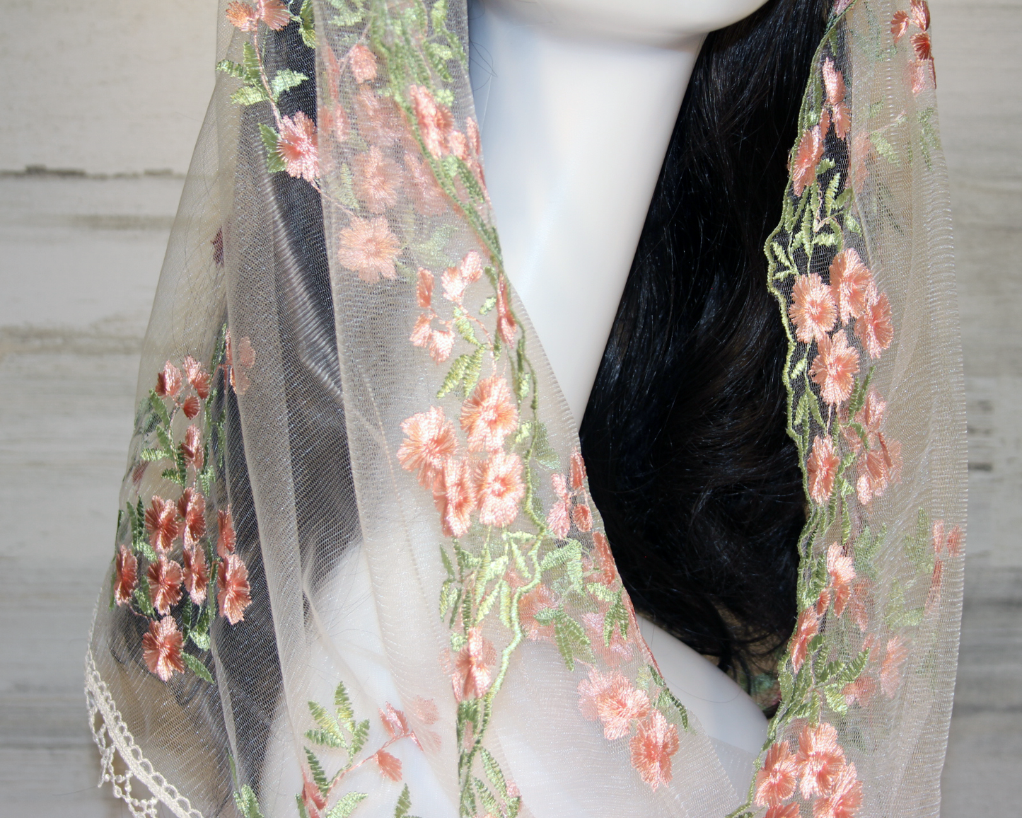 White Mesh Lace Chapel Veil/Mantilla with Embroidered Pink Roses (Infinity)