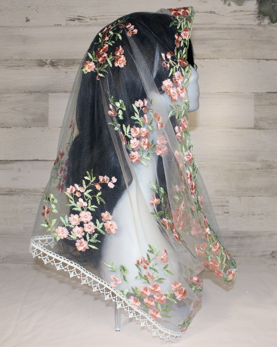 White Mesh Lace Chapel Veil/Mantilla with Embroidered Pink Roses (Infinity)