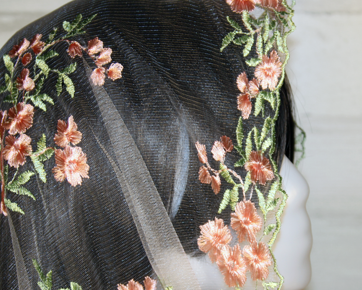 White Mesh Lace Chapel Veil/Mantilla with Embroidered Pink Roses (Infinity)