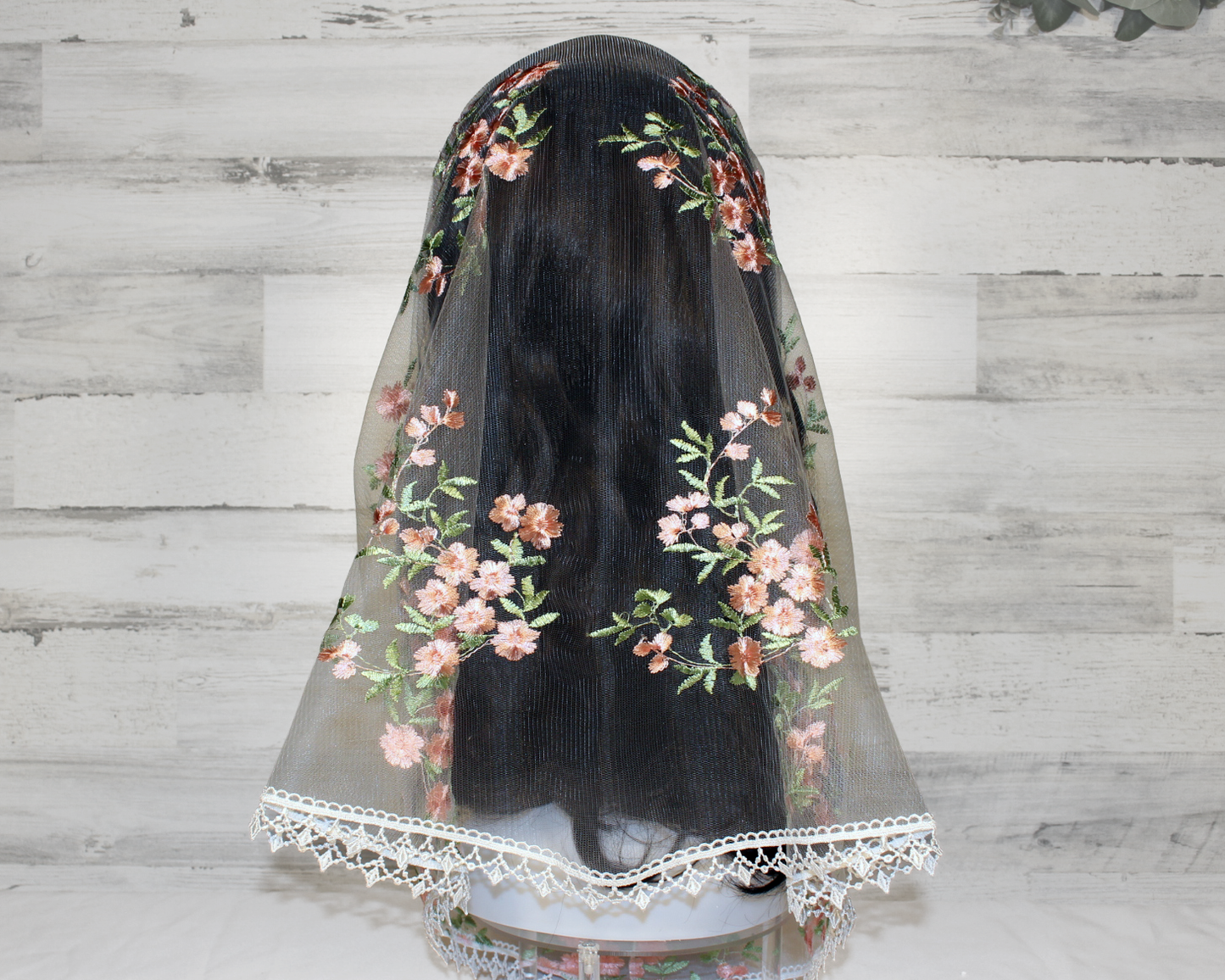 White Mesh Lace Chapel Veil/Mantilla with Embroidered Pink Roses (Infinity)