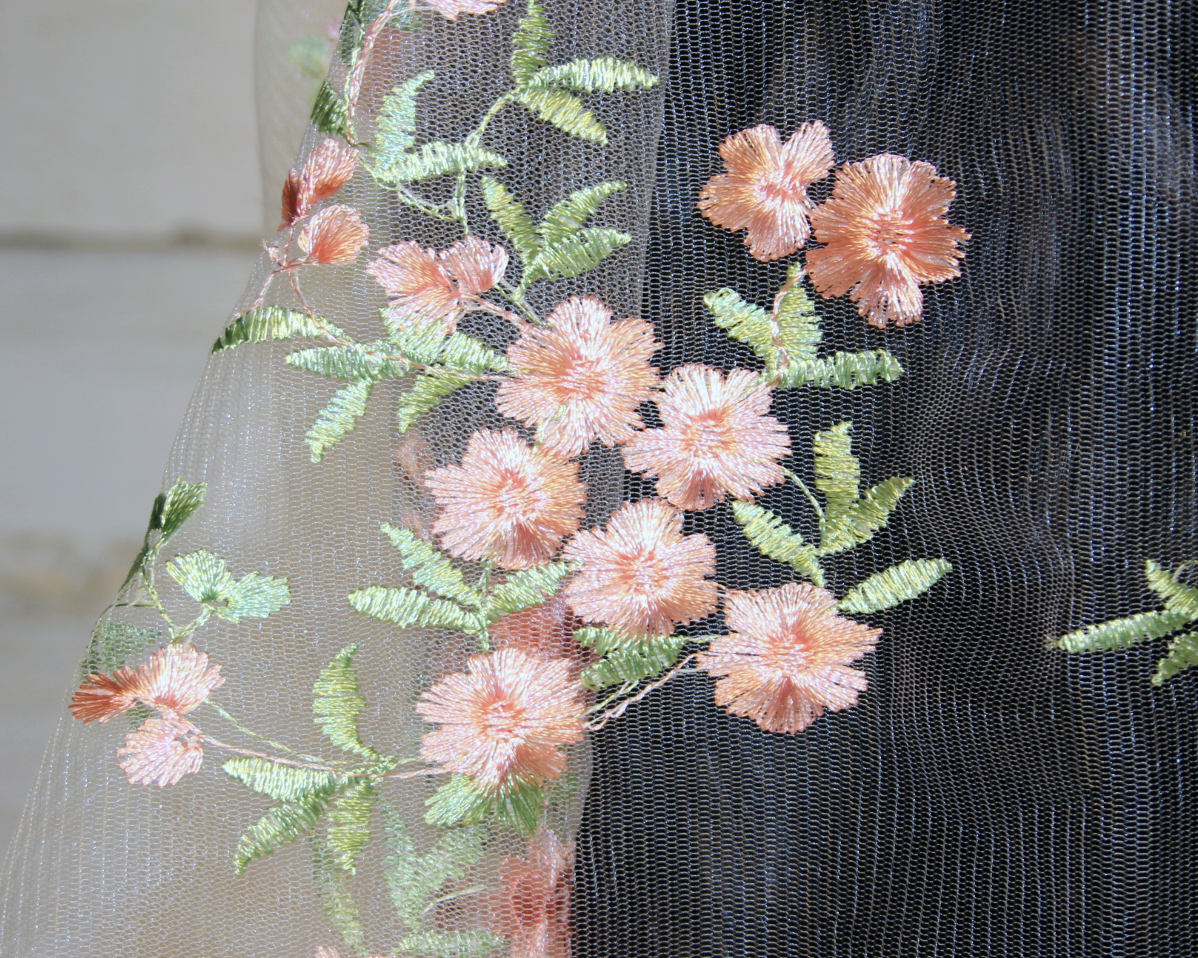 White Mesh Lace Chapel Veil/Mantilla with Embroidered Pink Roses (Infinity)