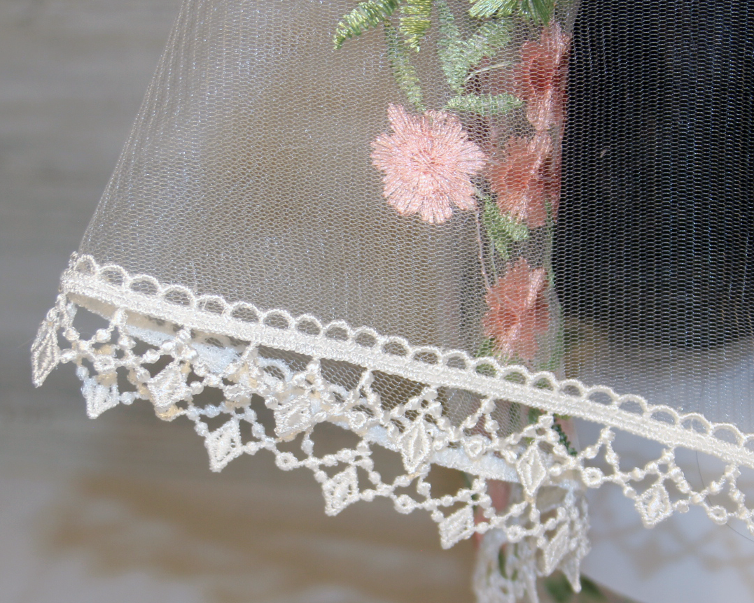 White Mesh Lace Chapel Veil/Mantilla with Embroidered Pink Roses (Infinity)