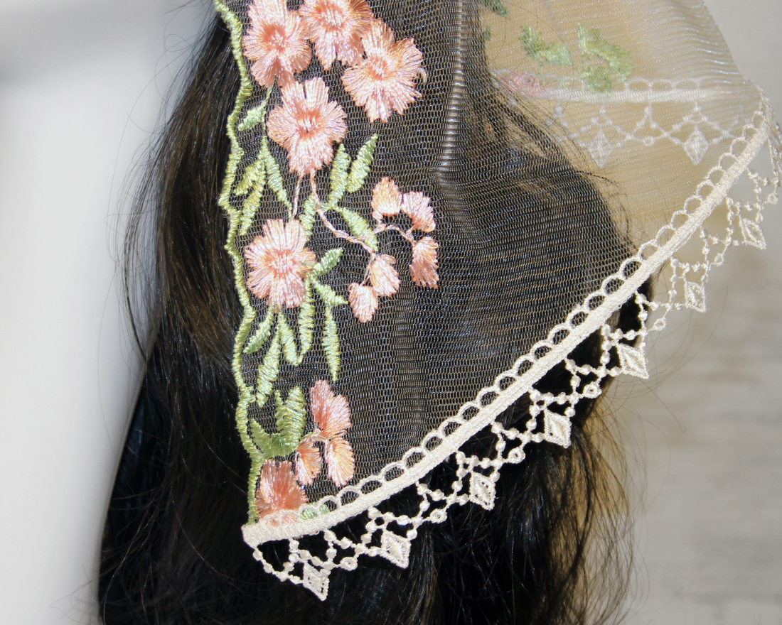 White Chapel Veil/Mantilla with Embroidered Pink Roses (Small D-Shaped)
