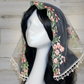 White Chapel Veil/Mantilla with Embroidered Pink Roses (Small D-Shaped)