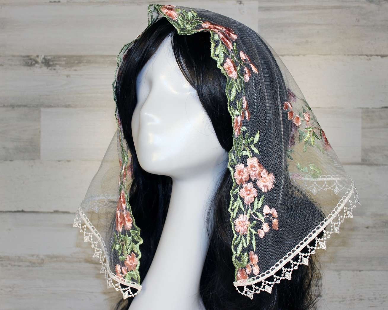 White Chapel Veil/Mantilla with Embroidered Pink Roses (Small D-Shaped)