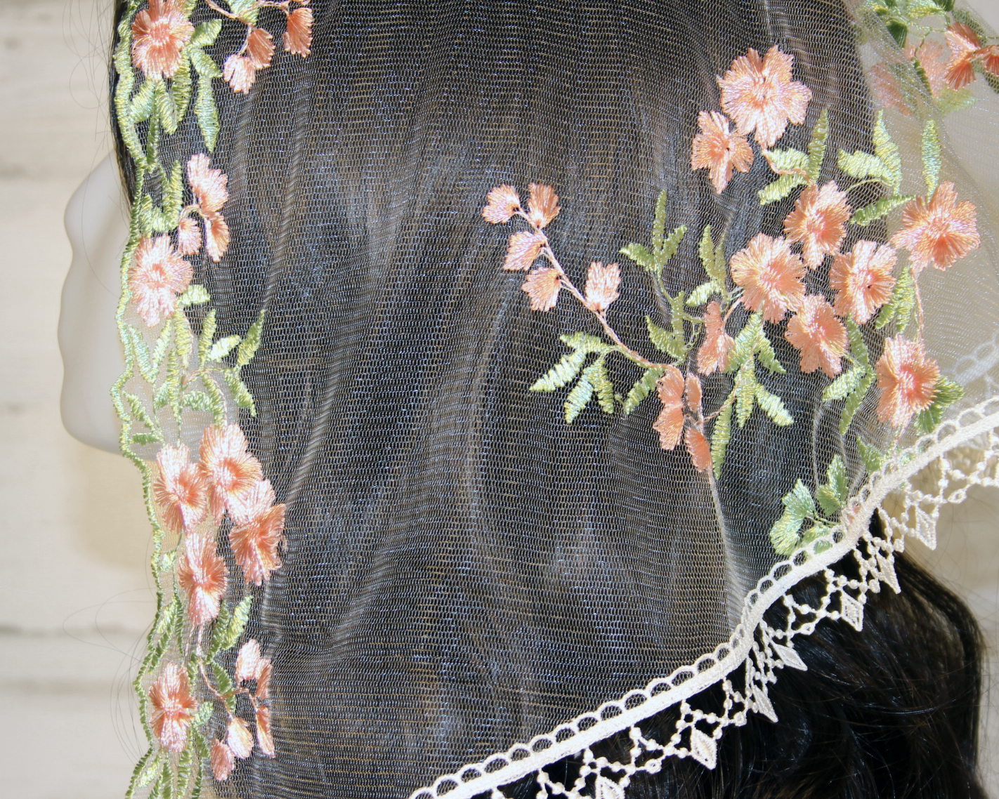 White Chapel Veil/Mantilla with Embroidered Pink Roses (Small D-Shaped)