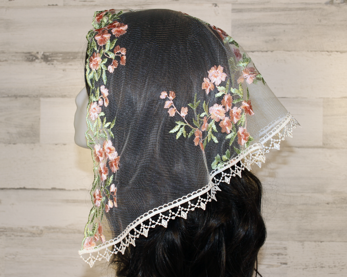 White Chapel Veil/Mantilla with Embroidered Pink Roses (Small D-Shaped)