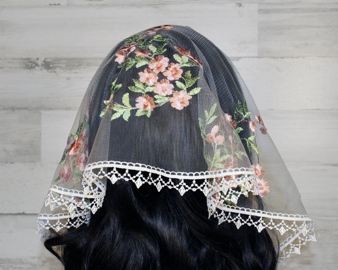 White Chapel Veil/Mantilla with Embroidered Pink Roses (Small D-Shaped)